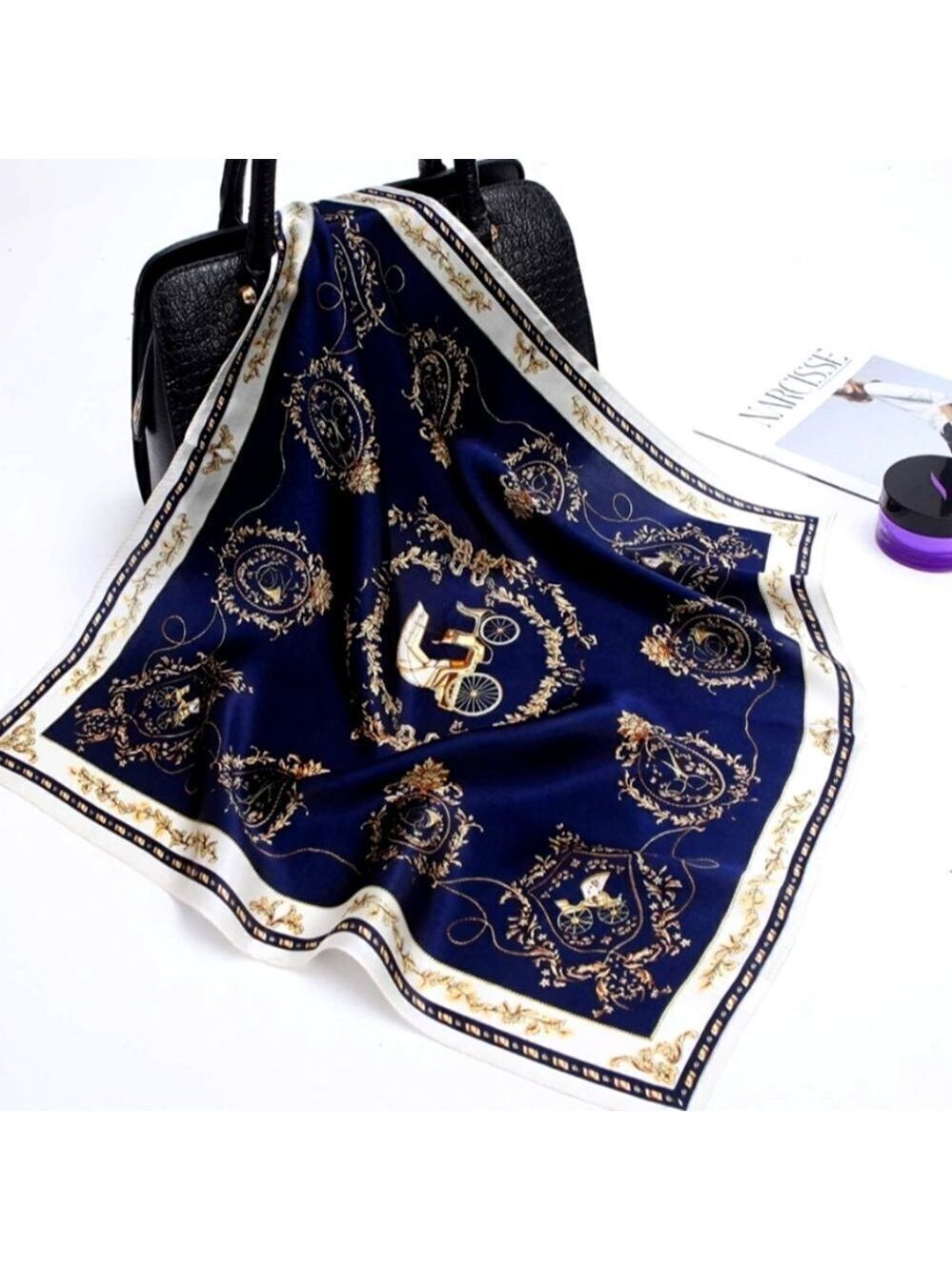 Scarf Headwraps for Women Silk Scarf Navy Satin Print 35 x 35